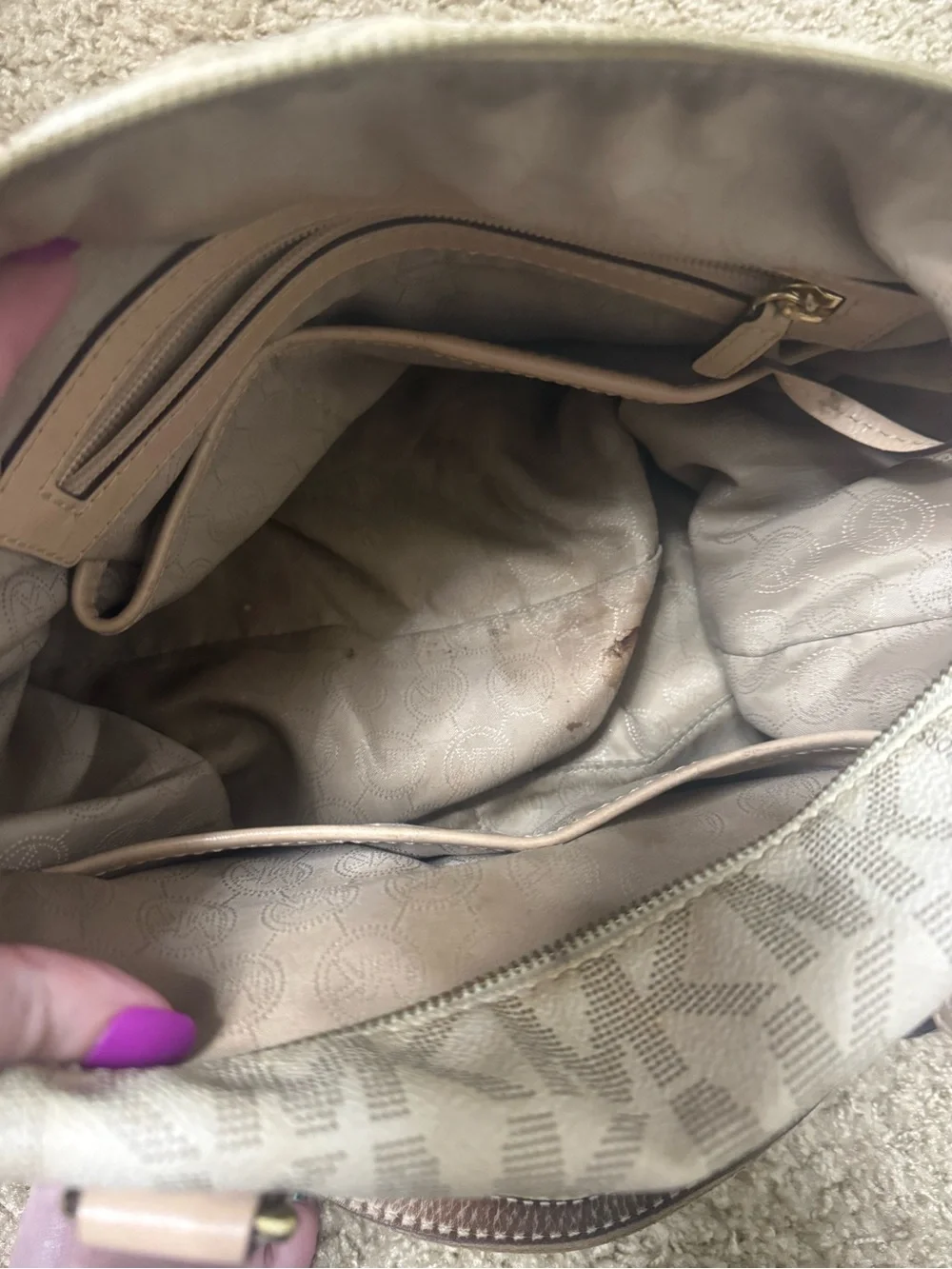 Michael Kors Cream Logo Satchel with Tan Leather Trim